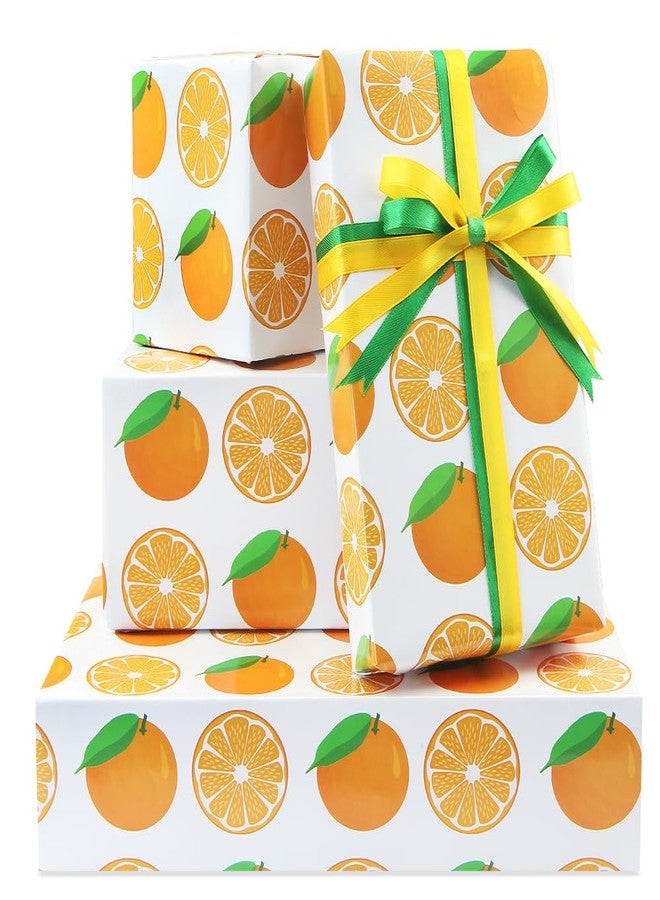 Boerni Fruit Wrapping Paper - Orange Print on White Gift Wrapping Paper and Ribbon Set, Cute Citrus Junos Design For Women Men Baby Shower Holiday Birthday Gift Wrap - (4-Sheets, 1-Designs: 15 sq. ft. ttl) - Image 1